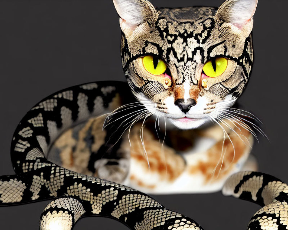 Digital artwork of feline-headed creature with serpentine body, yellow eyes, spotted fur, black