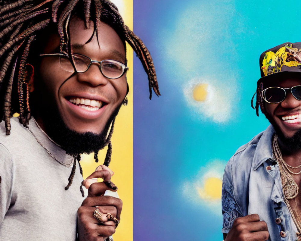 Smiling people with dreadlocks and sunglasses on colorful background