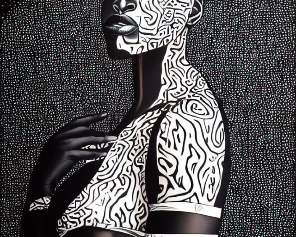 Monochromatic artwork: Intricate patterns on person's skin against dotted background