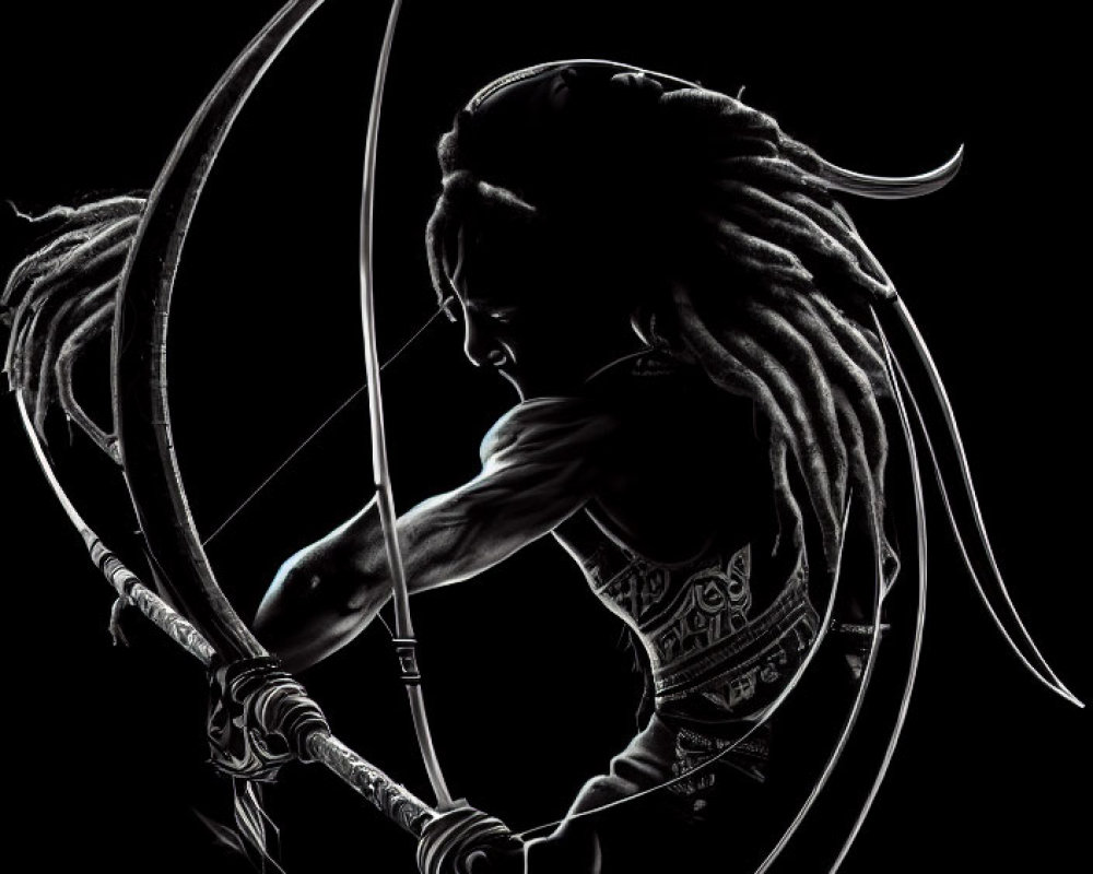 Silhouette of person with dreadlocks aiming bow and arrow in edge lighting