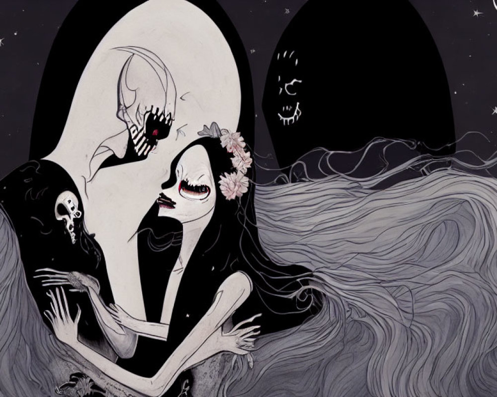 Gothic illustration: Skeleton and woman embrace under moonlit sky