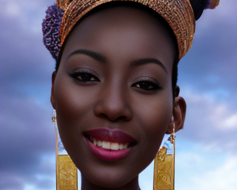 Portrait of woman with striking gaze in golden headpiece and earrings against twilight sky