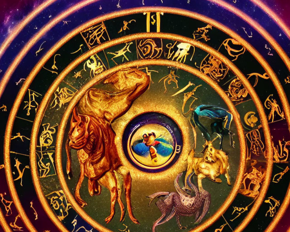 Colorful Zodiac Wheel Featuring Lion, Virgin, and Scales Under Cosmic Eye