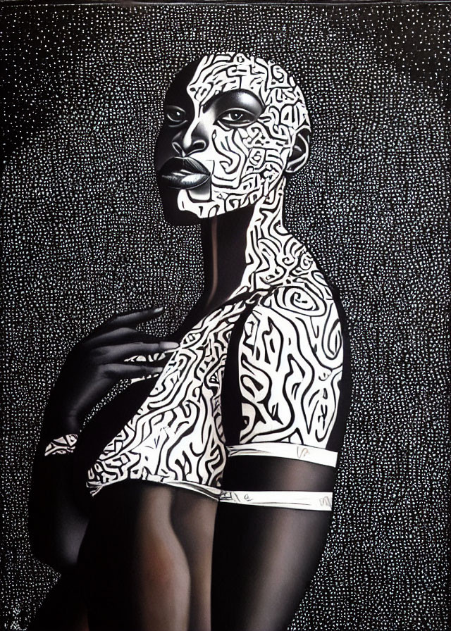 Monochromatic artwork: Intricate patterns on person's skin against dotted background