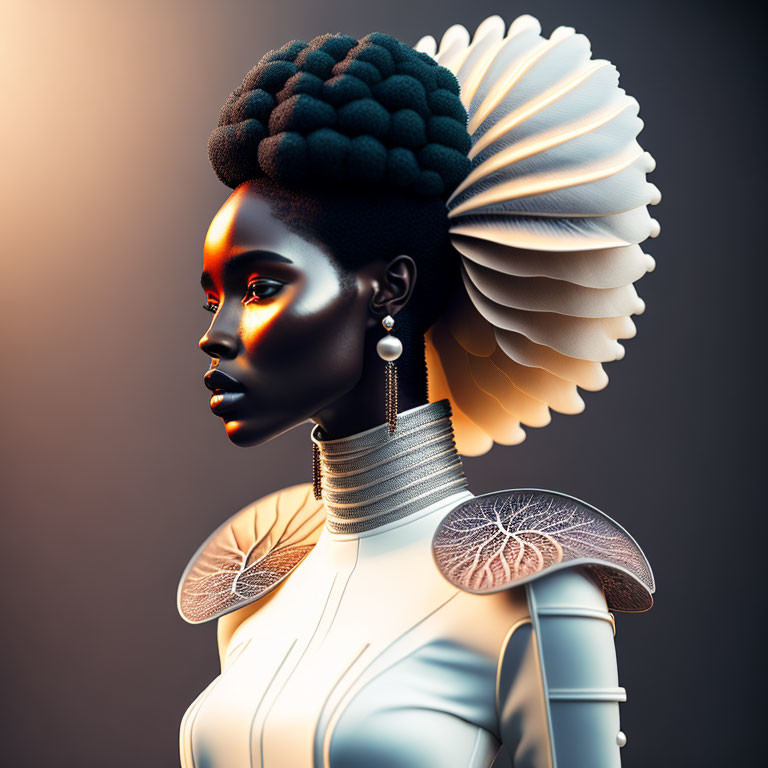 Elaborate Braided Hairstyle with Futuristic Jewelry and Clothing