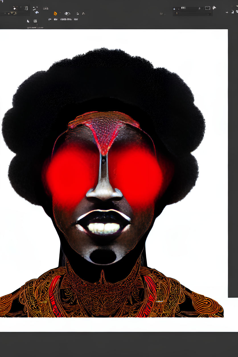 Digital artwork: Afro person in red and black garment with surreal face.