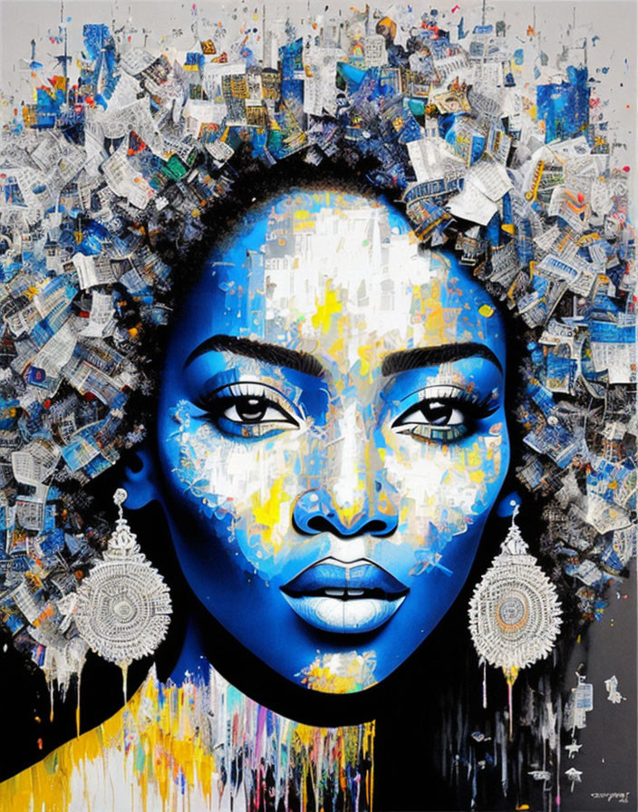 Colorful portrait of woman with blue and yellow face paint and intricate earrings against newspaper collage background