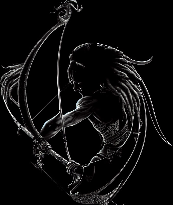 Silhouette of person with dreadlocks aiming bow and arrow in edge lighting