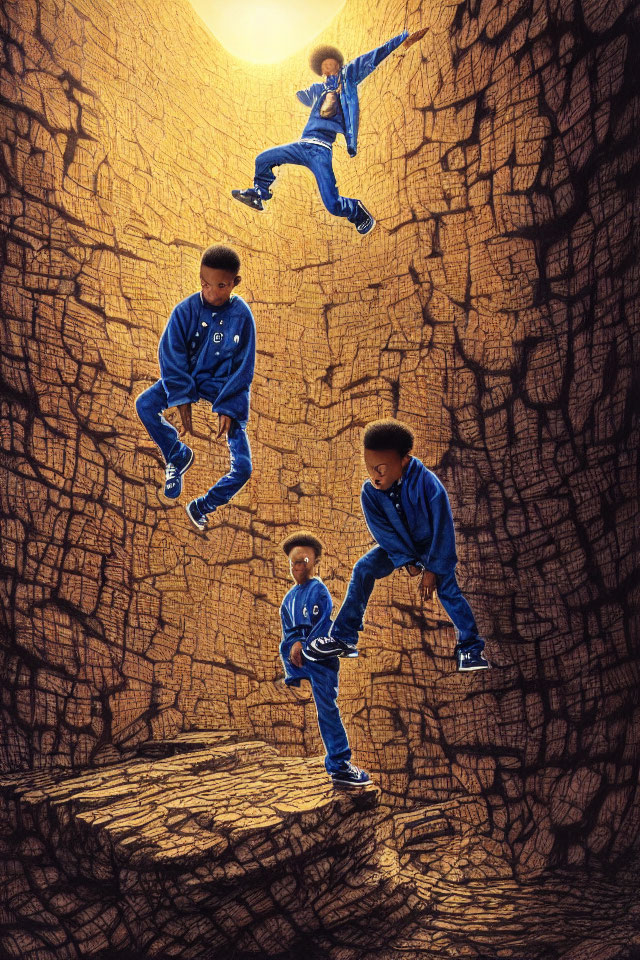 Boy in Blue Tracksuit Jumping: Four Dynamic Poses on Cracked Earth