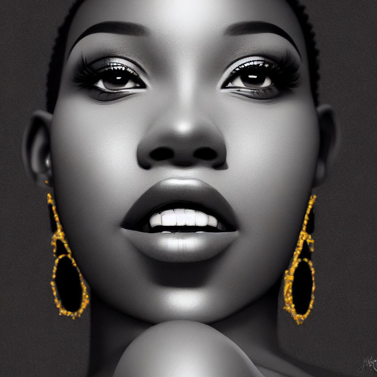 Monochrome portrait of a woman with glossy lips and golden earrings