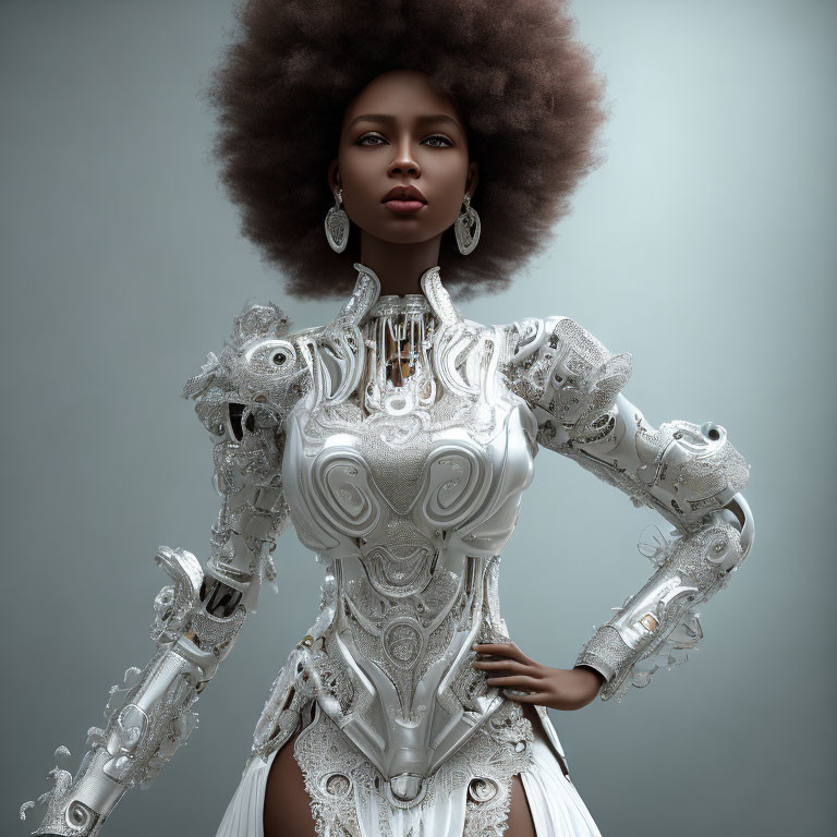 Woman in Afro Hairstyle in Silver Robotic Bodysuit on Grey Background