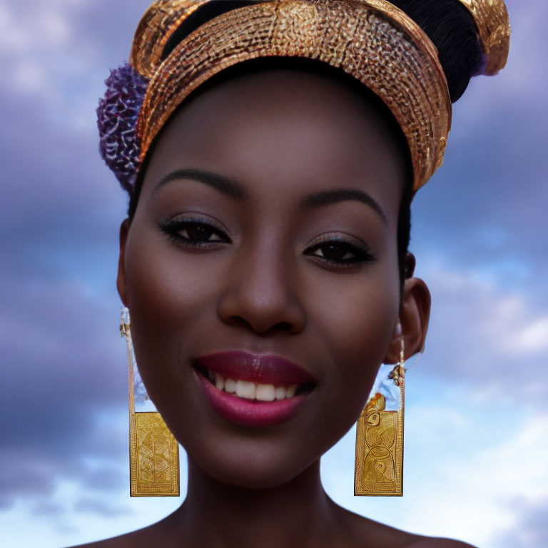 Portrait of woman with striking gaze in golden headpiece and earrings against twilight sky