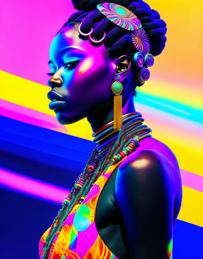 Colorful portrait of woman in traditional African attire with intricate details