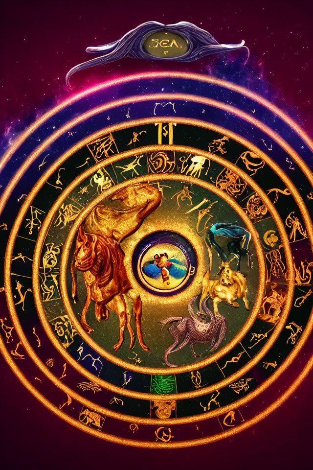 Colorful Zodiac Wheel Featuring Lion, Virgin, and Scales Under Cosmic Eye