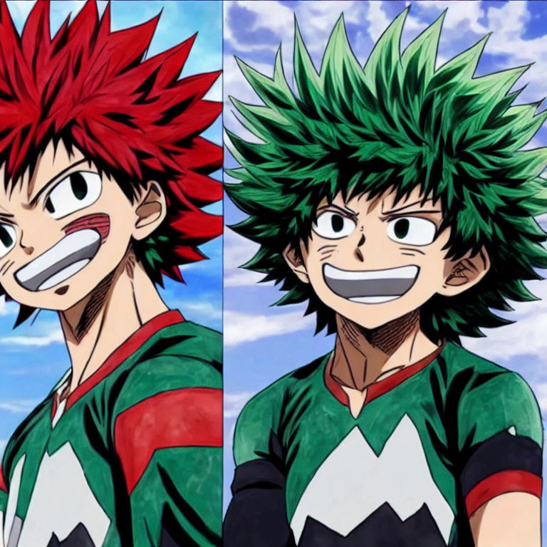 Split Image: Red and Green Animated Characters in Hero Costumes