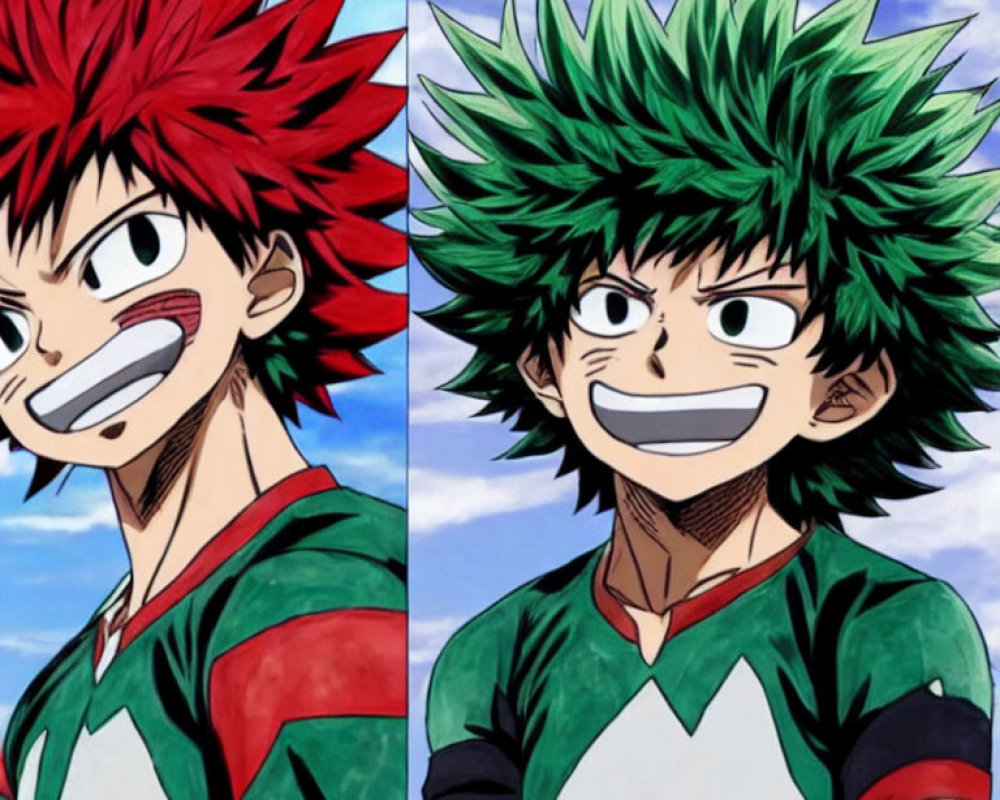 Split Image: Red and Green Animated Characters in Hero Costumes