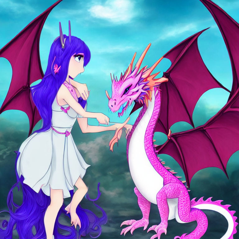 Purple-haired woman in white dress with pink dragon under blue sky