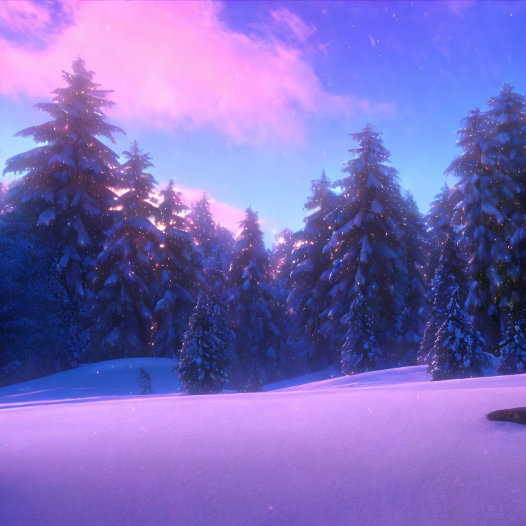 Snow-covered pine trees under purple and pink dusk sky - serene winter scene