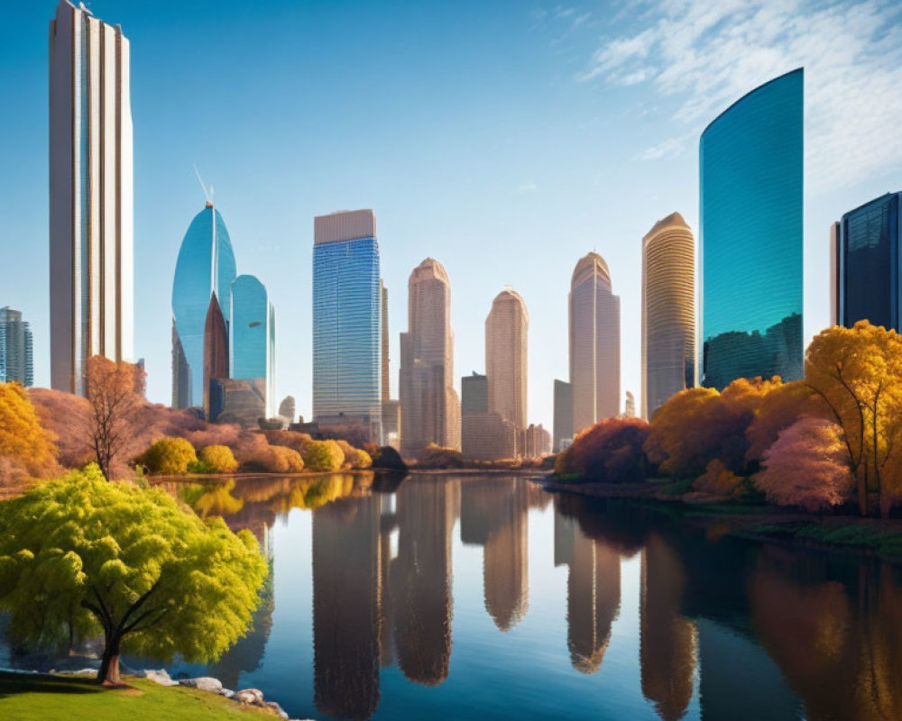 Modern skyscrapers reflecting in calm river amidst autumn foliage in serene cityscape.