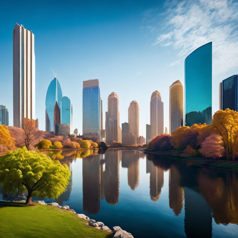 Modern skyscrapers reflecting in calm river amidst autumn foliage in serene cityscape.