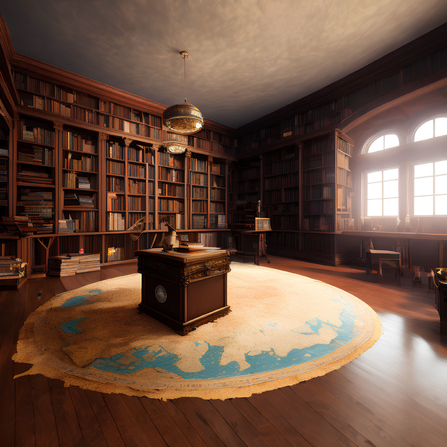 Traditional library with wooden bookshelves, large desk, world map rug, hanging globe light