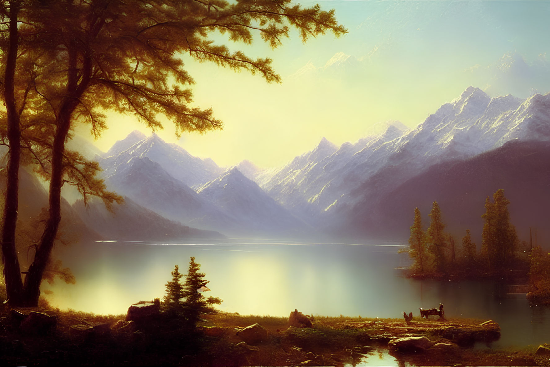 Tranquil lake, sunlit mountains, lush trees, deer by water