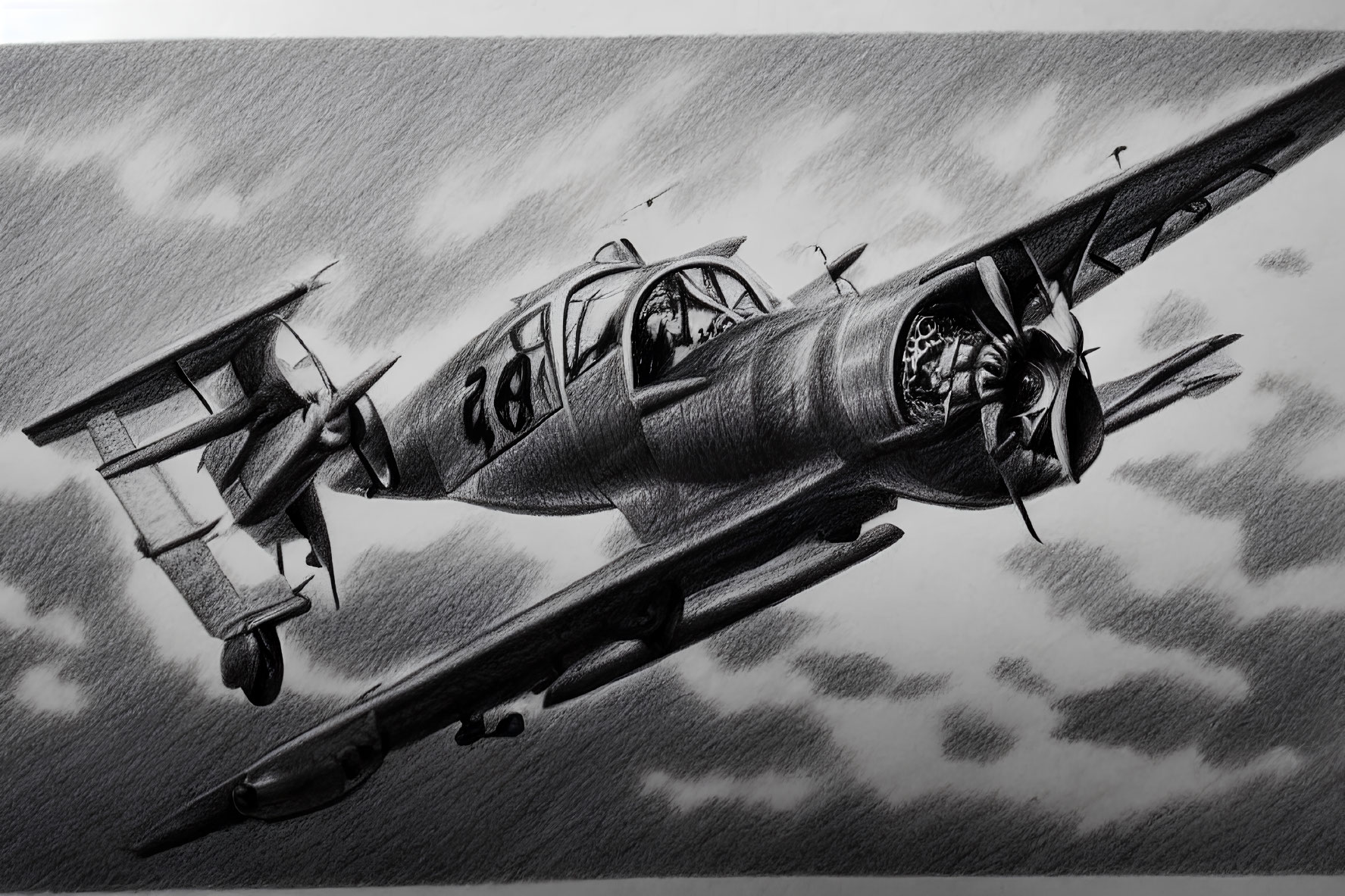 Detailed pencil drawing of vintage aircraft in mid-flight with dynamic shading against cloudy sky