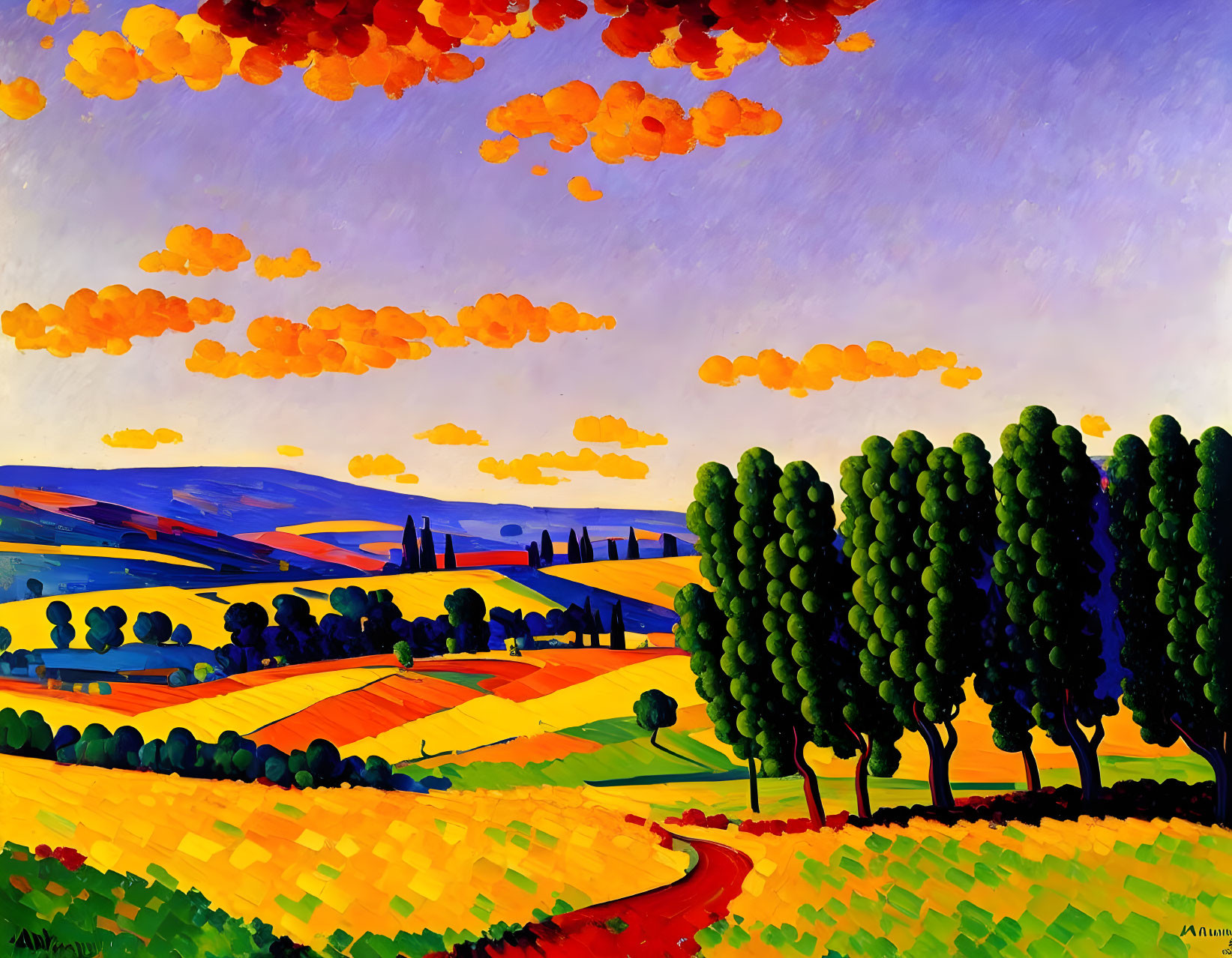 Colorful landscape painting with rolling hills, winding path, green trees, orange clouds.