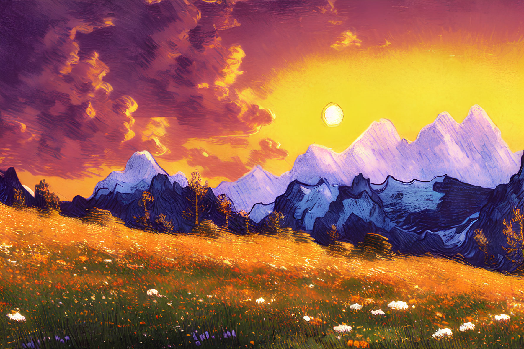 Colorful landscape with purple-blue mountains, orange sky, sun, and flowers