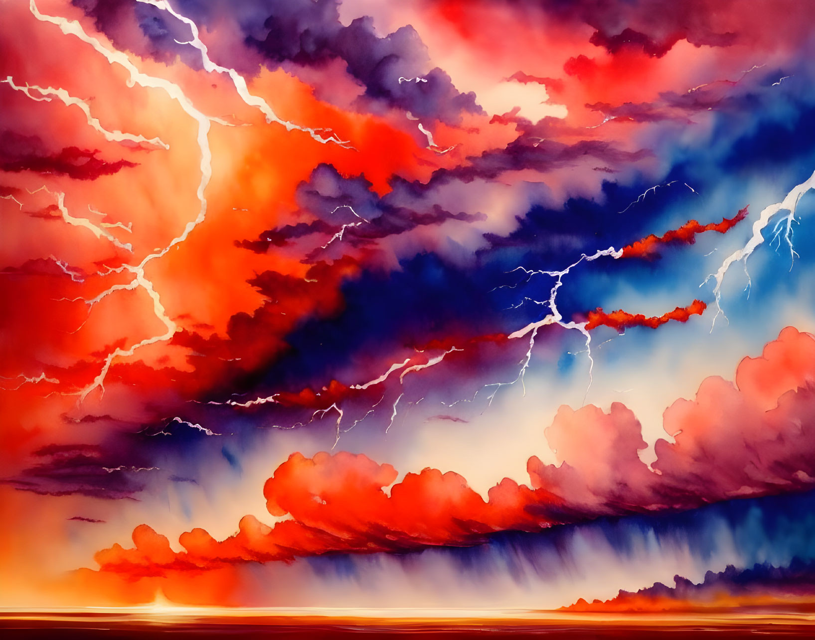 Colorful sunset sky with lightning bolts over calm sea horizon