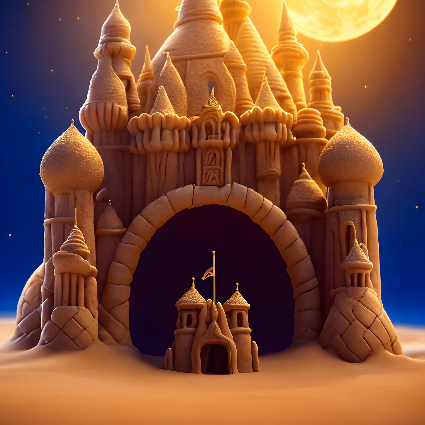 Intricate sandcastle under glowing full moon