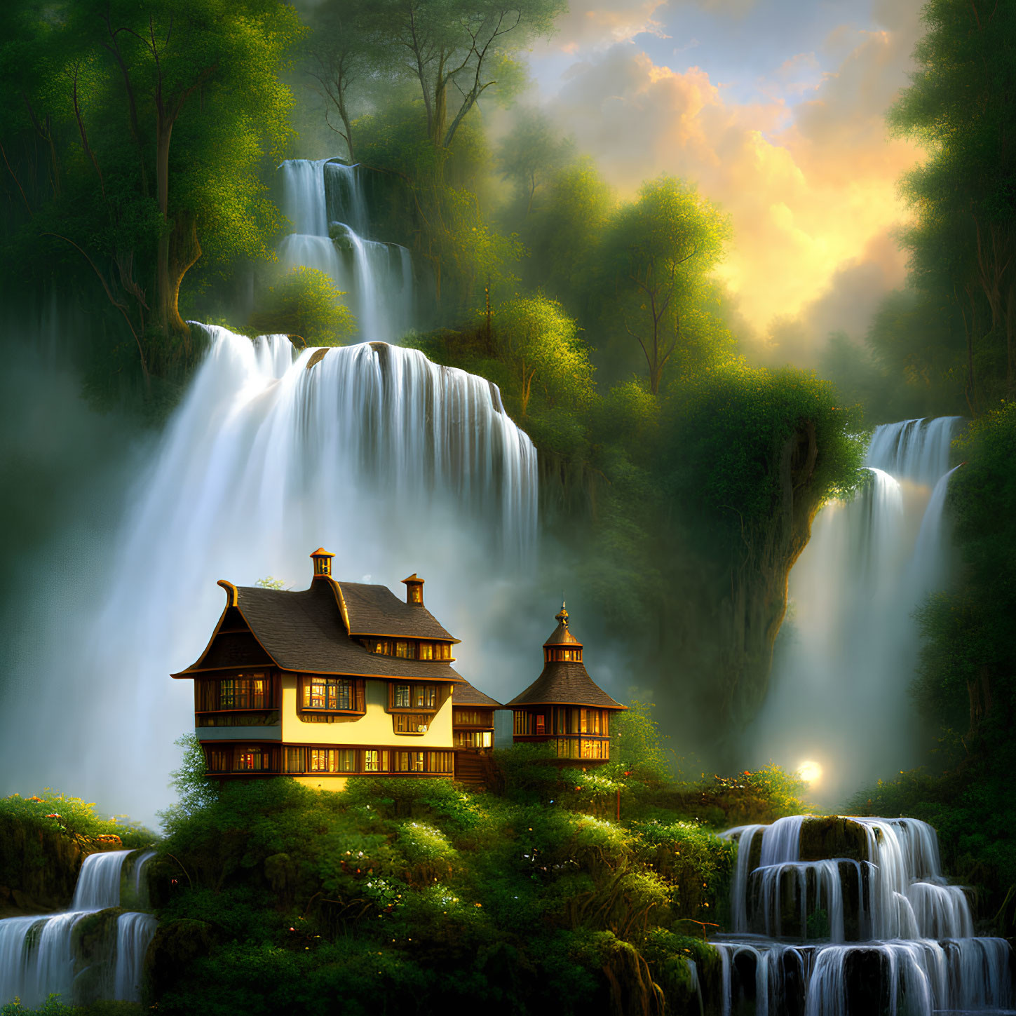 Traditional house on cascading waterfall in lush greenery