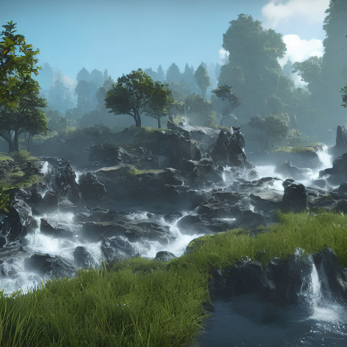 Tranquil landscape with waterfalls, greenery, rocks, trees, and mist