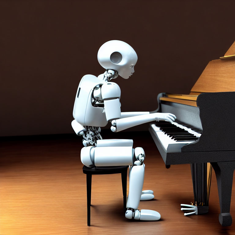 Circular-headed humanoid robot plays black grand piano in wooden room