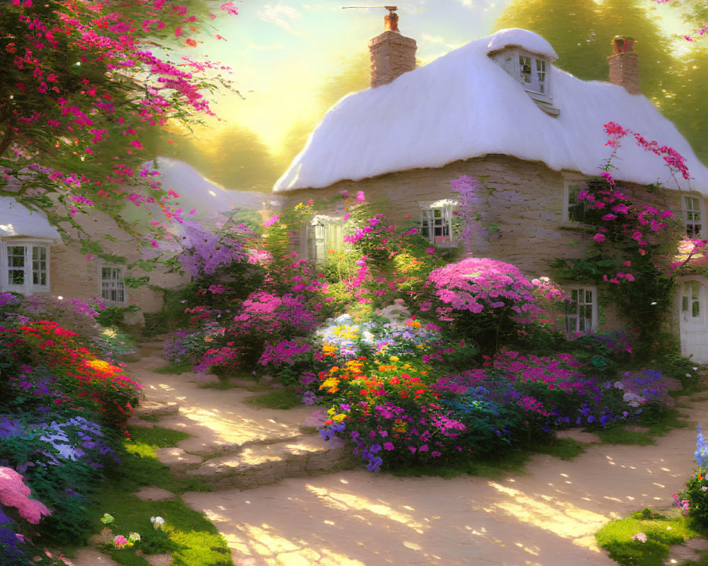 Thatched-Roof Cottage Surrounded by Blooming Flowers and Greenery