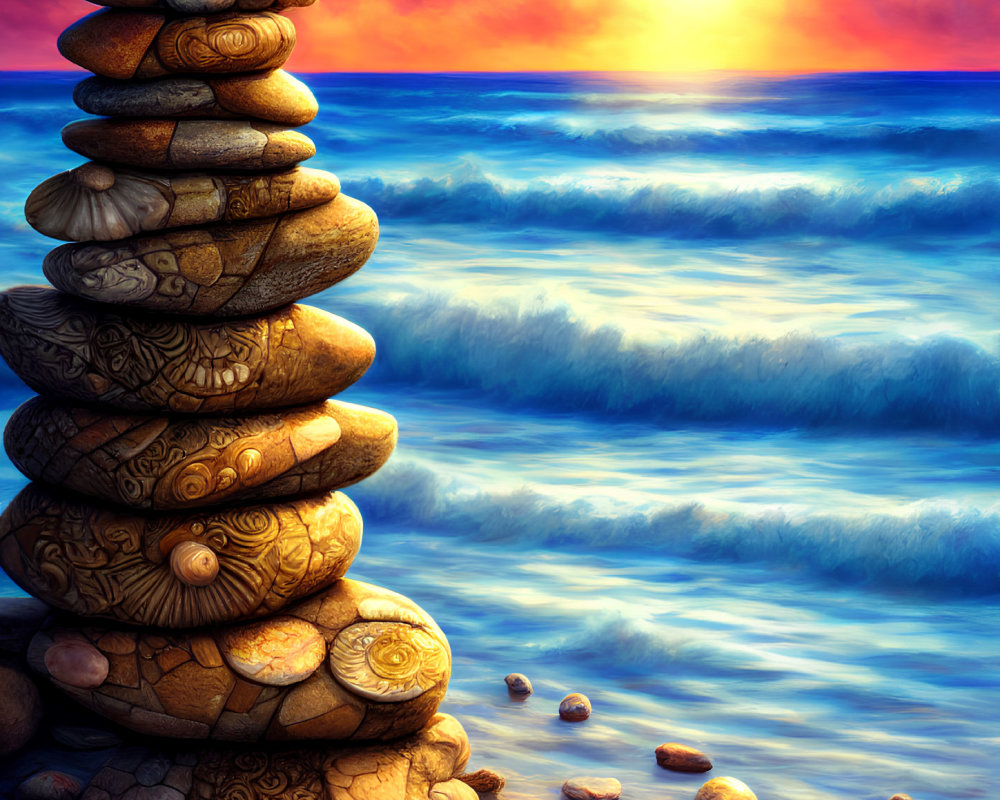 Intricately patterned rock stack against vibrant sunset and ocean waves