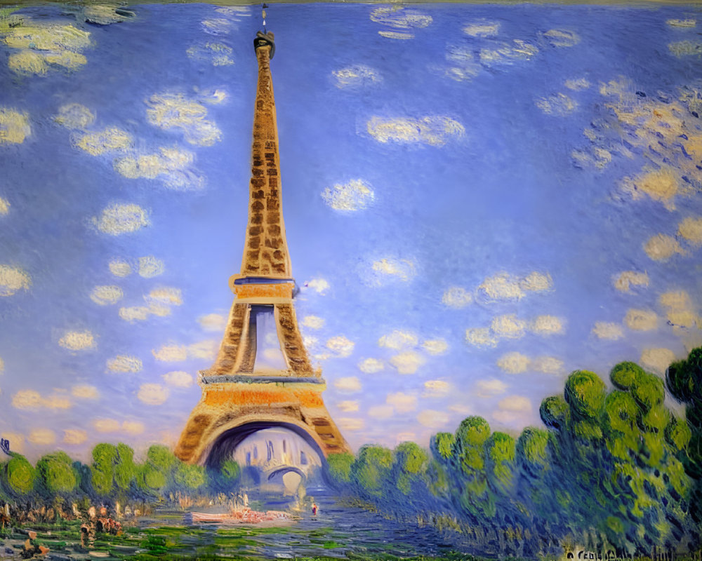 Eiffel Tower painting in Impressionist style with blue sky and greenery