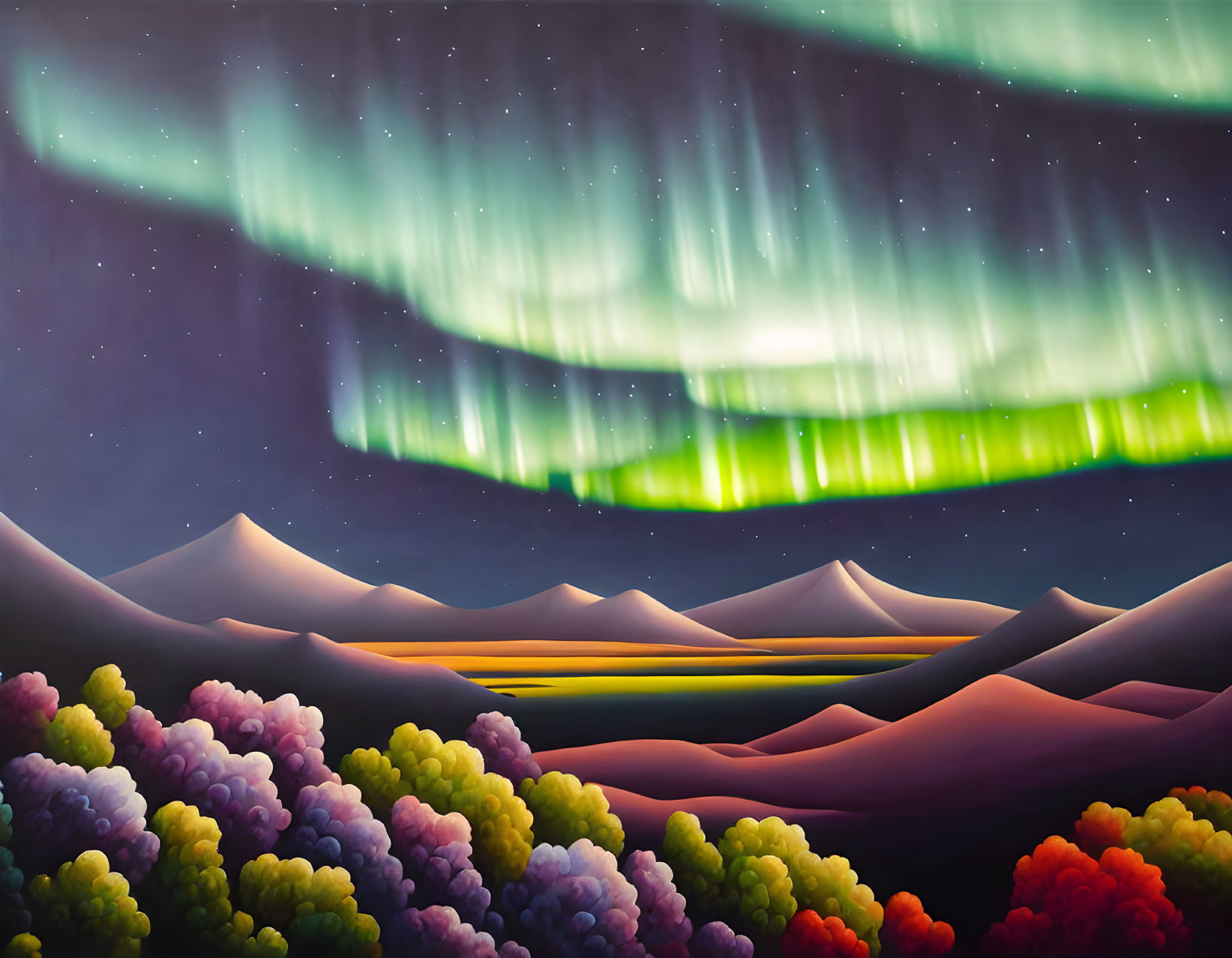 Colorful aurora borealis over snow-capped mountains and lush foliage at night