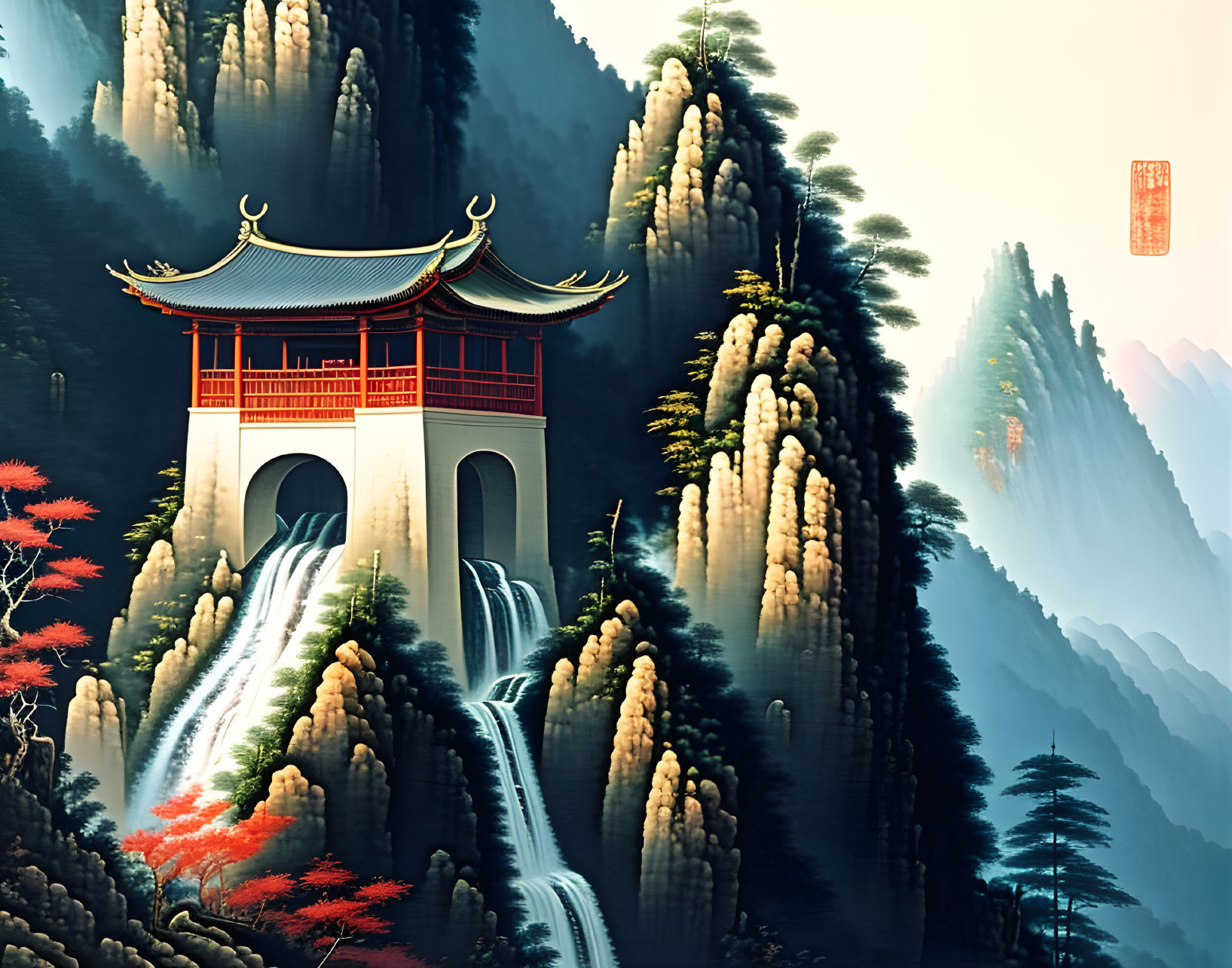 Asian Pagoda on Waterfall with Misty Forest and Autumn Foliage