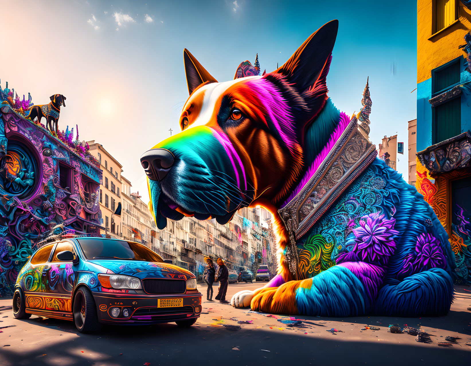 Colorful illustration: Giant dog with intricate fur patterns overlooking a vibrant street scene.