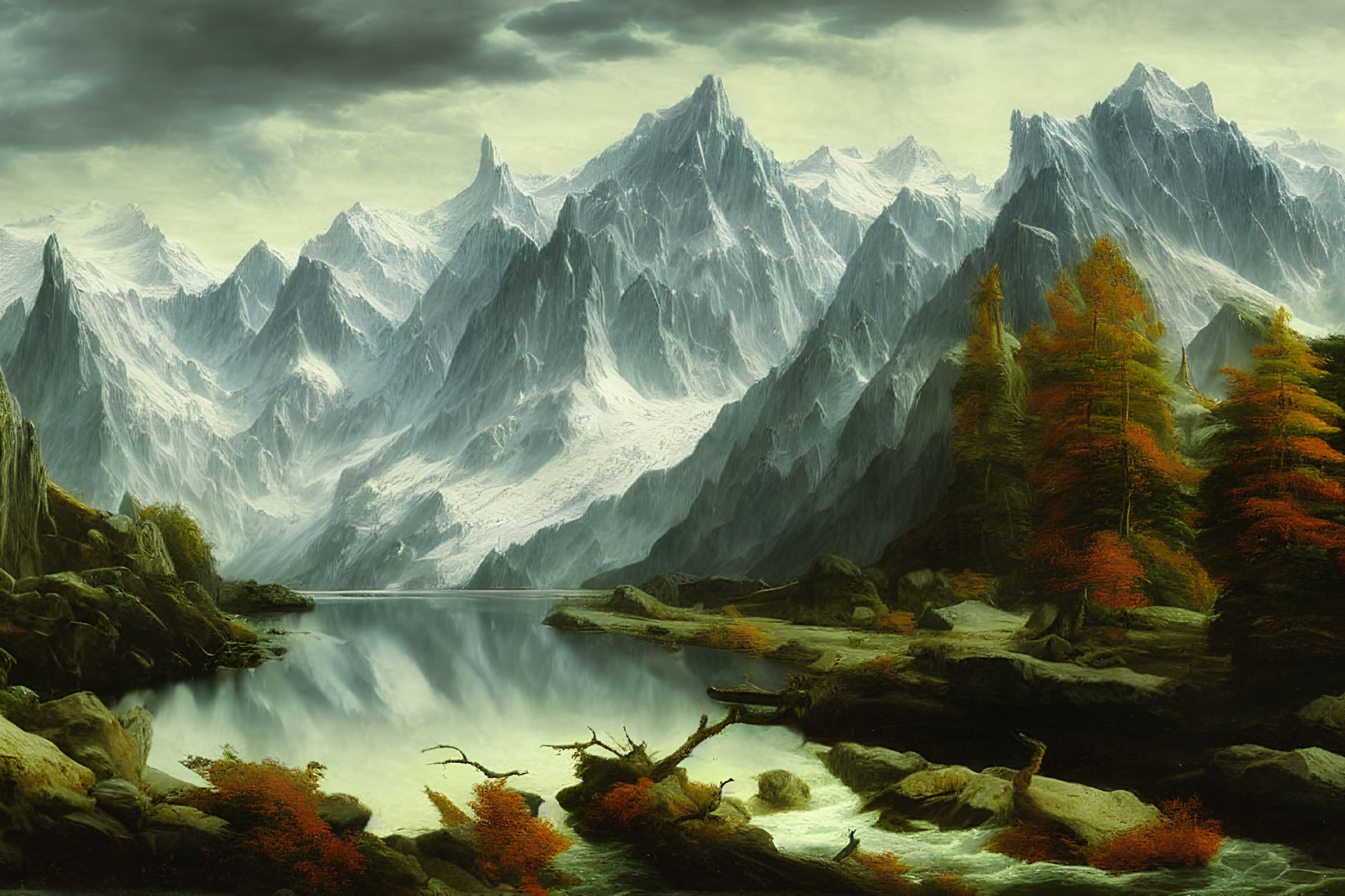 Serene fall landscape with lake, mountains, and autumn trees