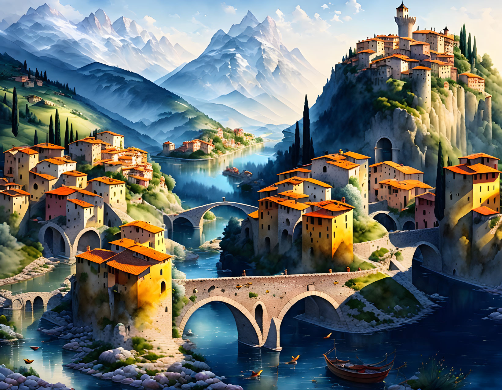 Vibrant village with terra-cotta roofs, stone bridge, lush hills & snow-capped mountains