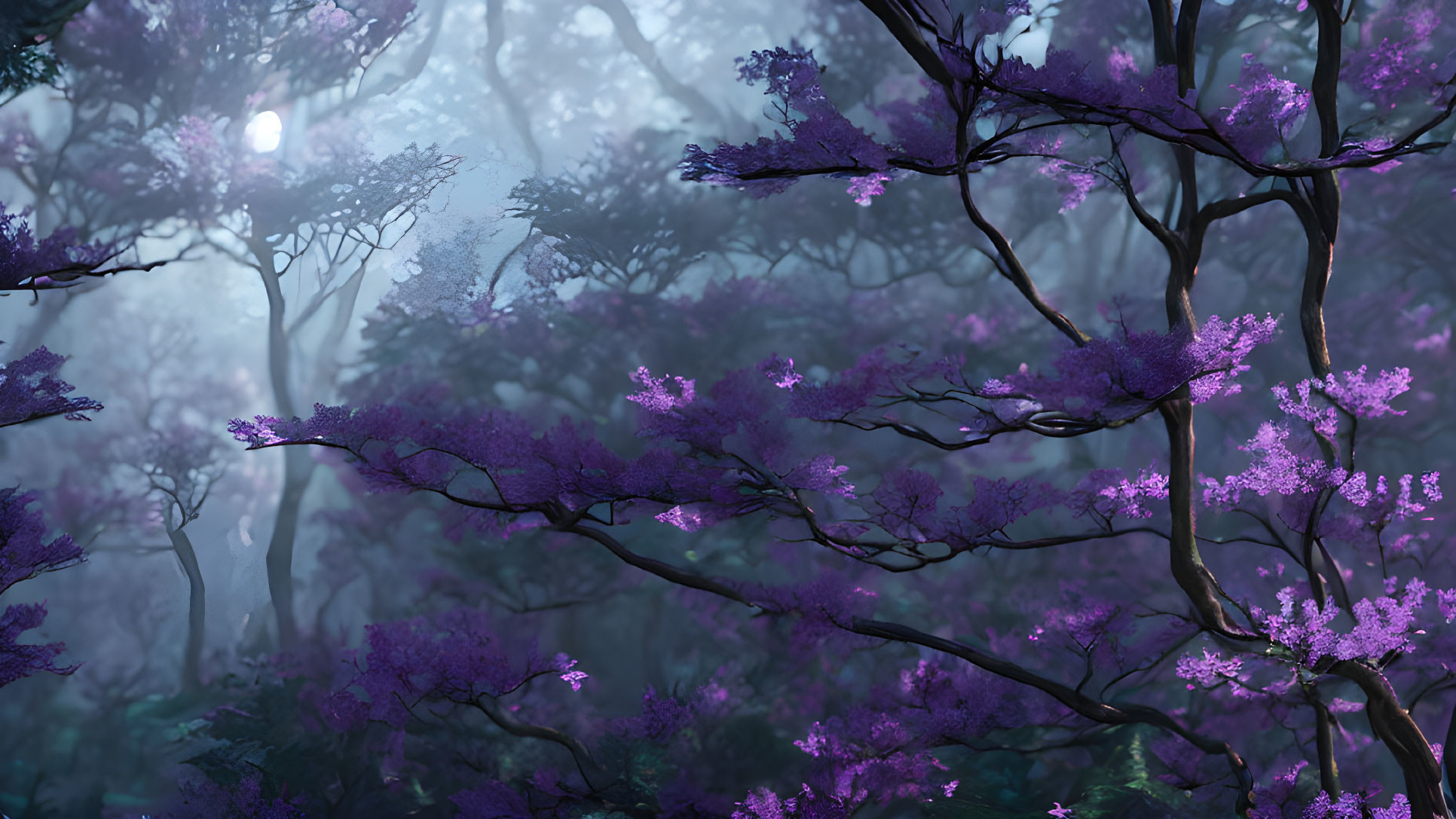 Mystical forest with purple-leafed trees in dense fog