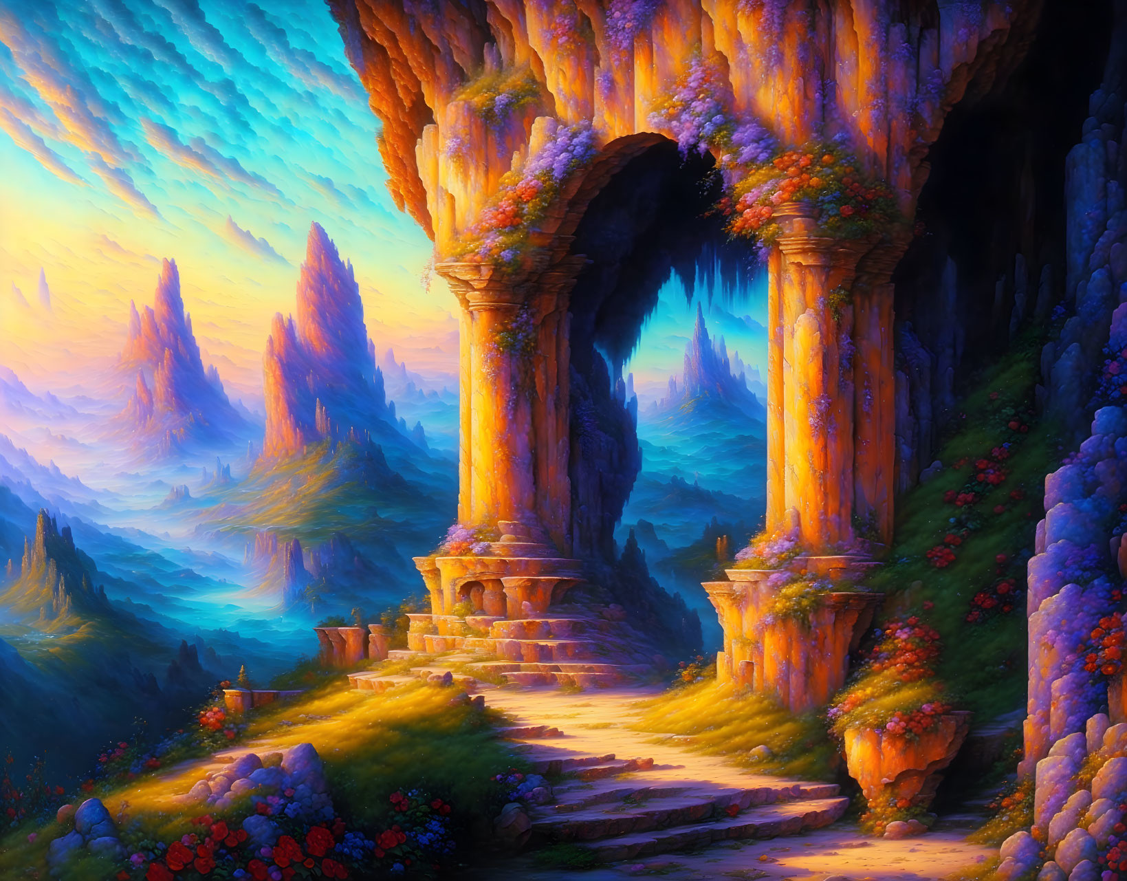 Vibrant sunrise over ancient ruins with lush stairway