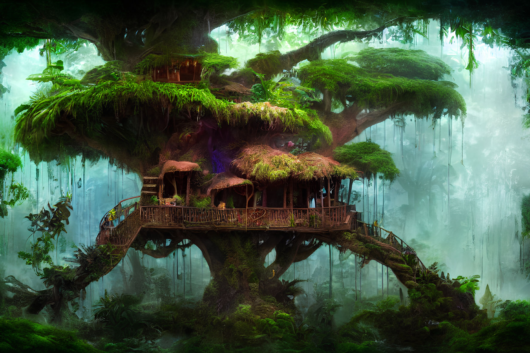 Enchanting treehouse with thatched roofs in foggy forest