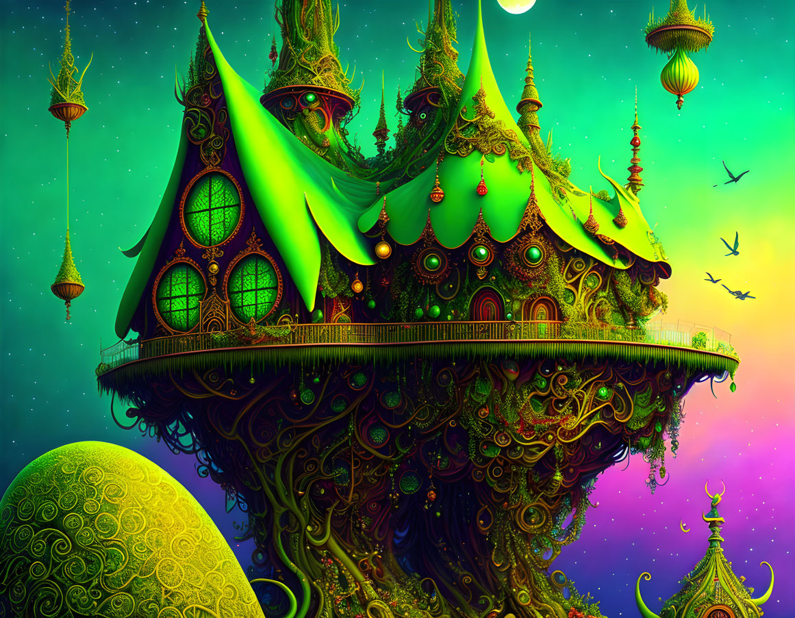 Ornate Fantastical Treehouse in Starry Twilight Sky