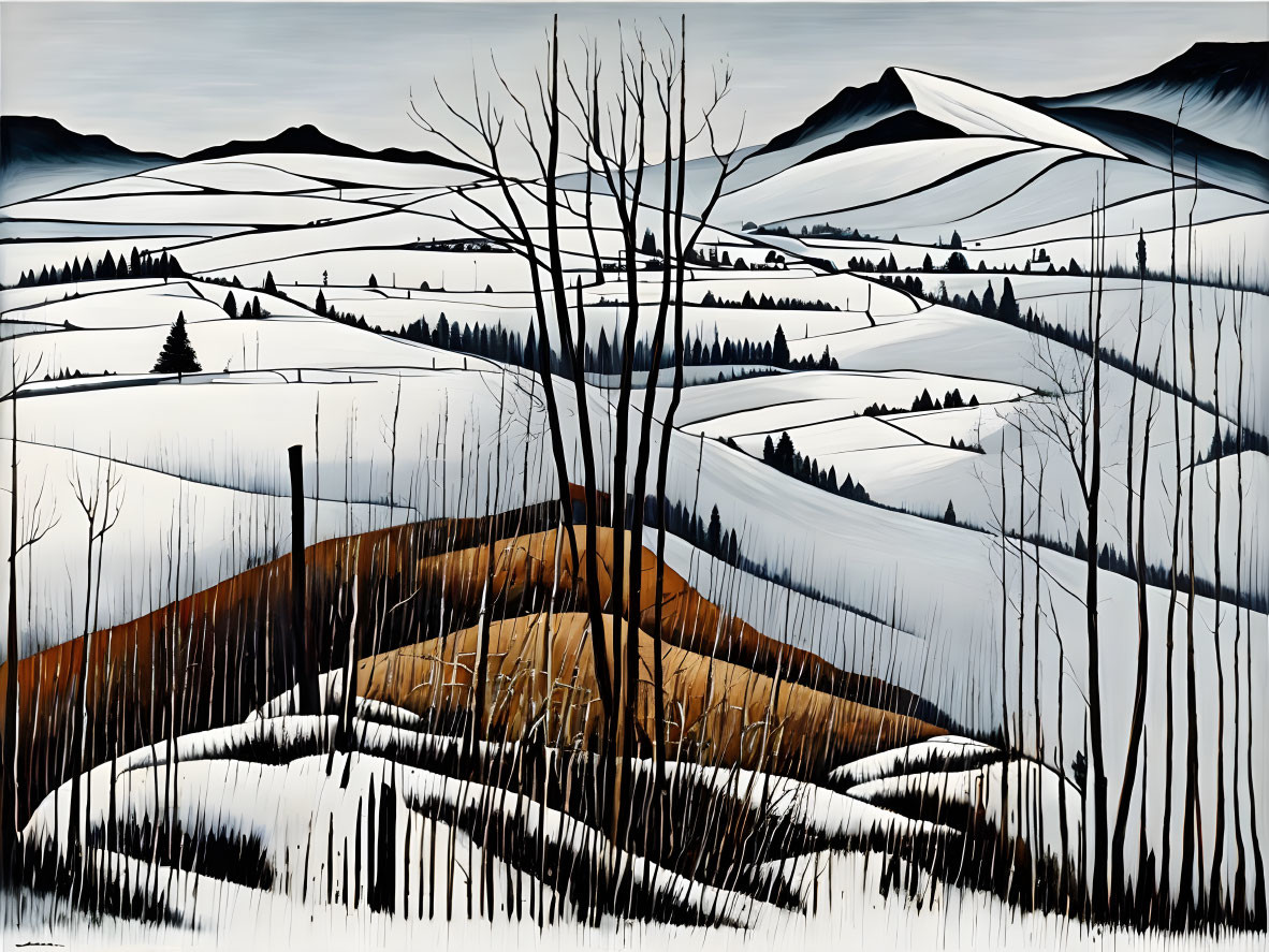 Winter Landscape with Snowy Hills and Leafless Trees