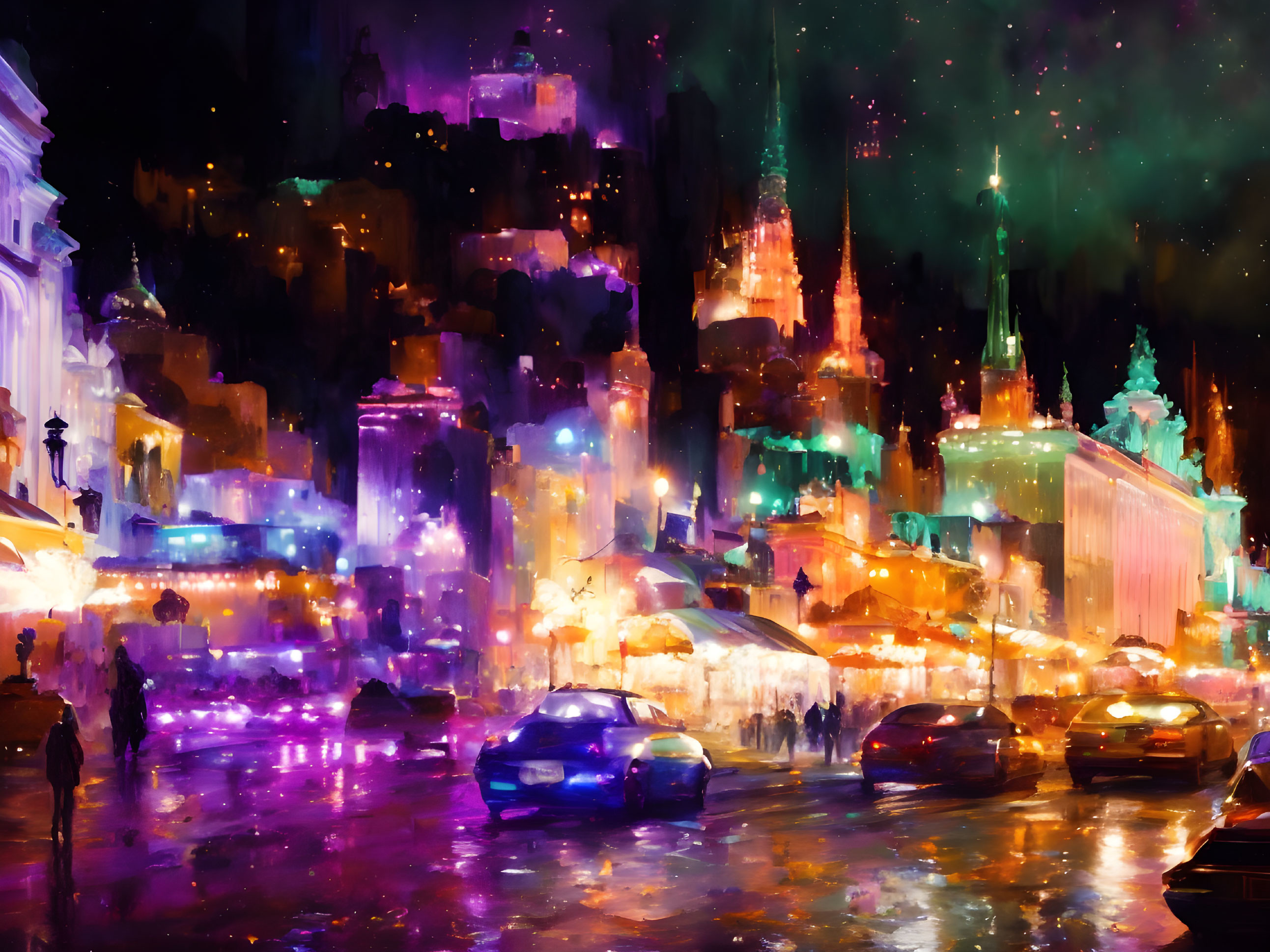 Colorful Cityscape at Night with Illuminated Buildings and Bustling Traffic