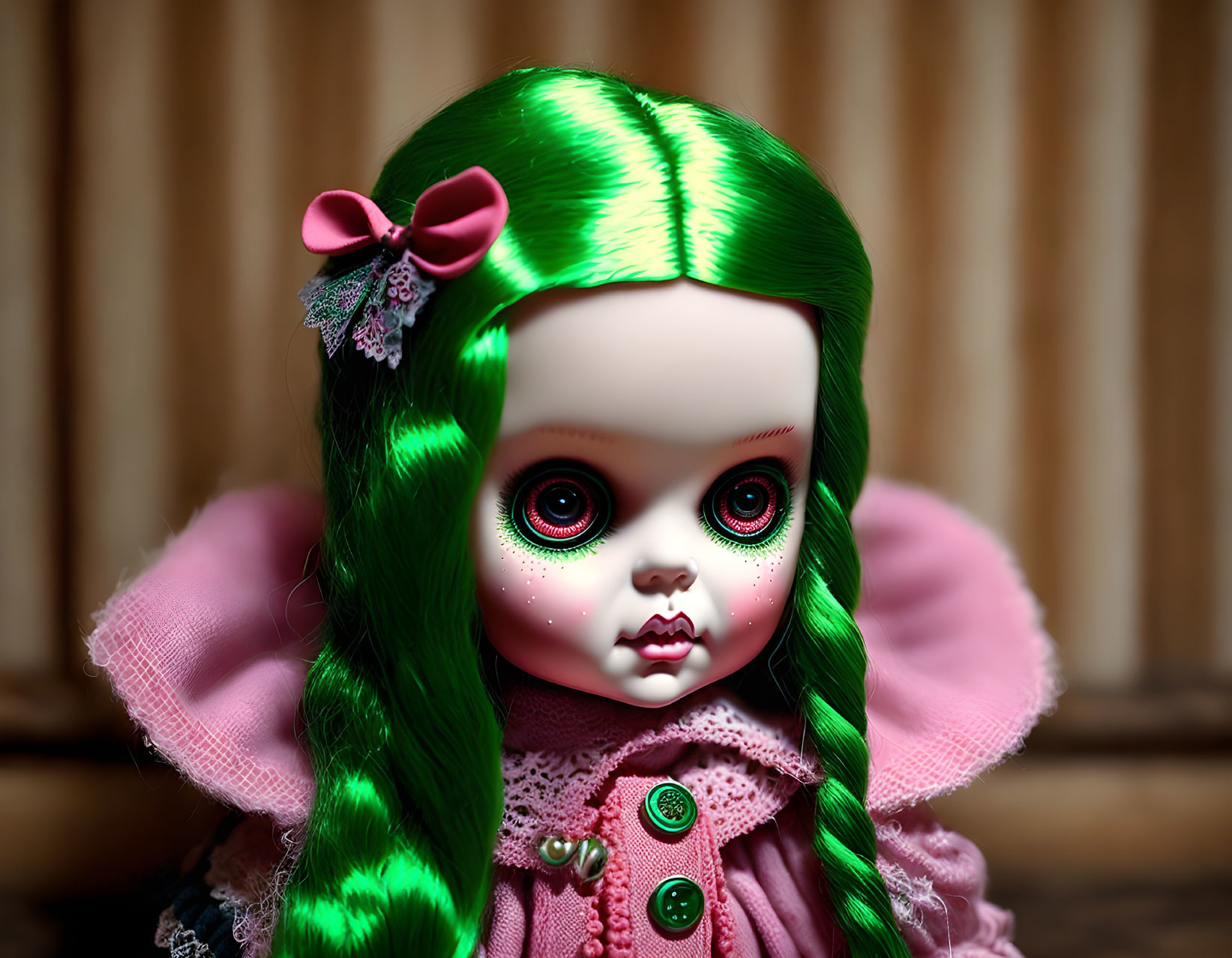 Vibrant green hair doll with red eyes and pink dress on blurred background