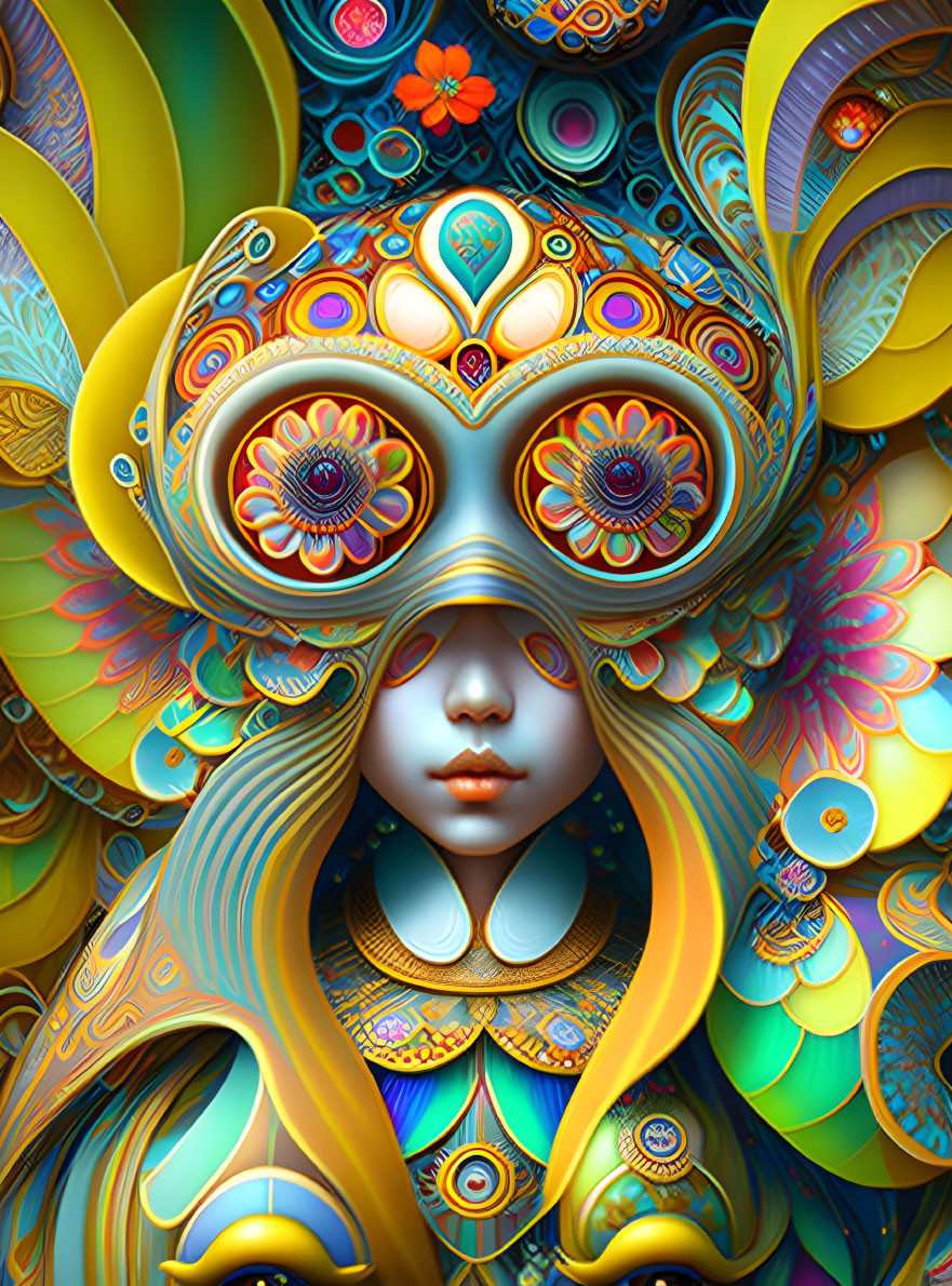 Colorful digital artwork of stylized female figure with intricate feather and flora motifs.